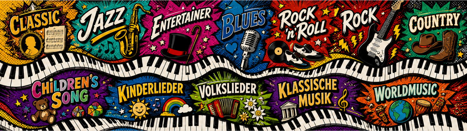 Colorful collage of musical styles with piano keys and instruments