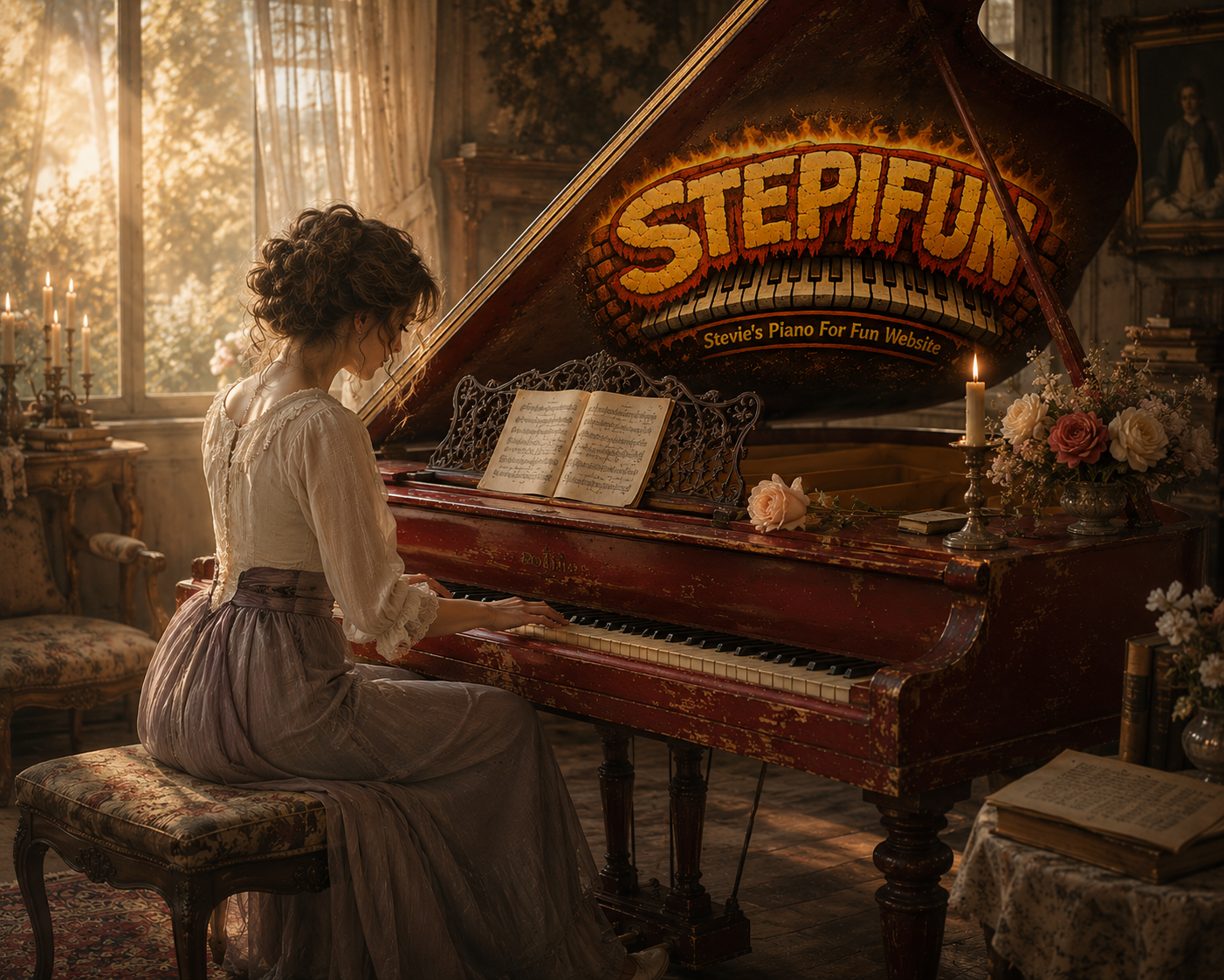 Woman at a piano in an atmospheric room