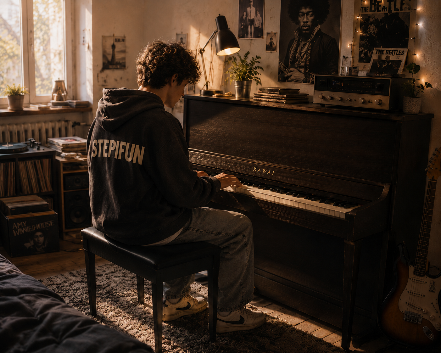 Piano player at an upright piano