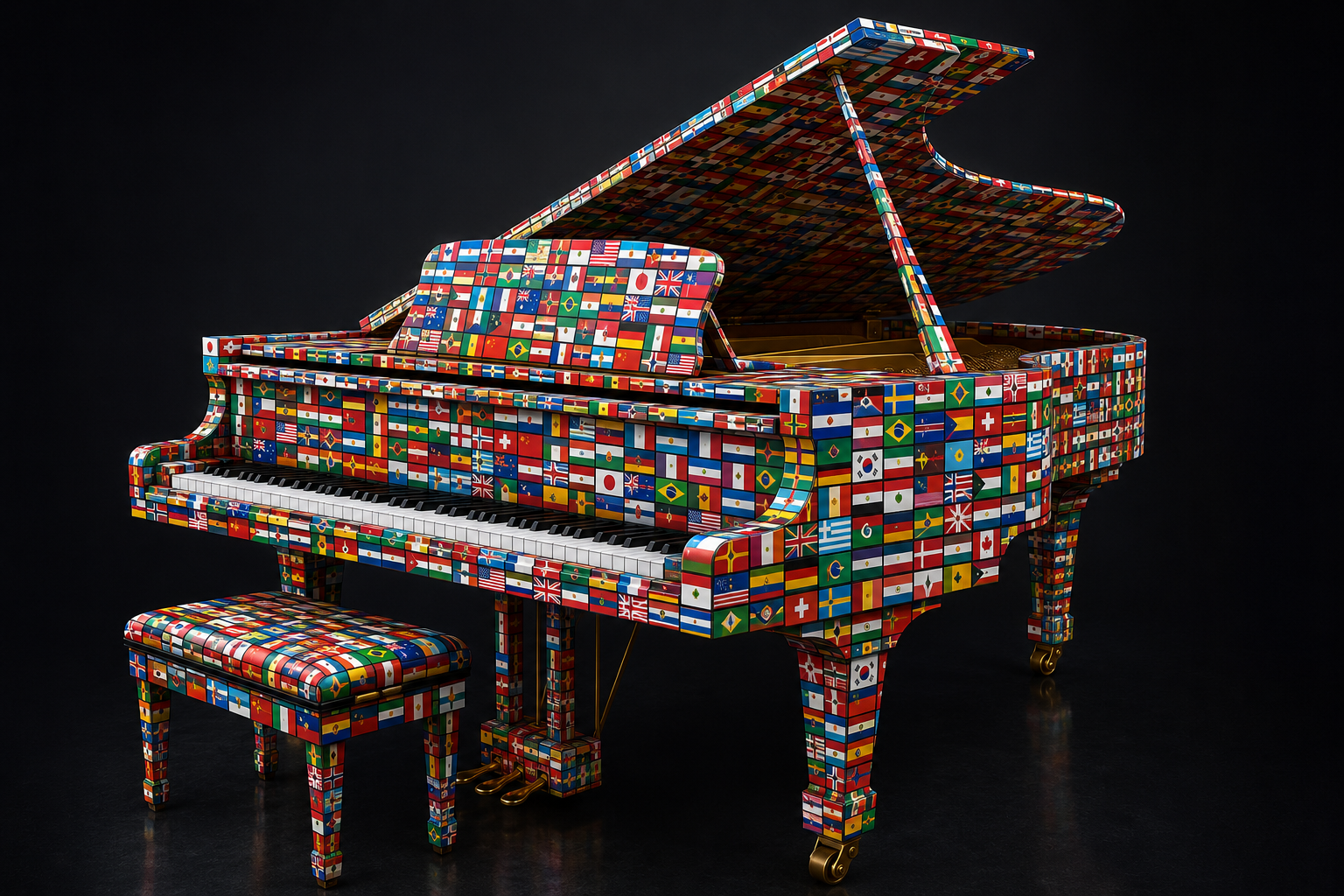 Grand piano covered with flags from around the world